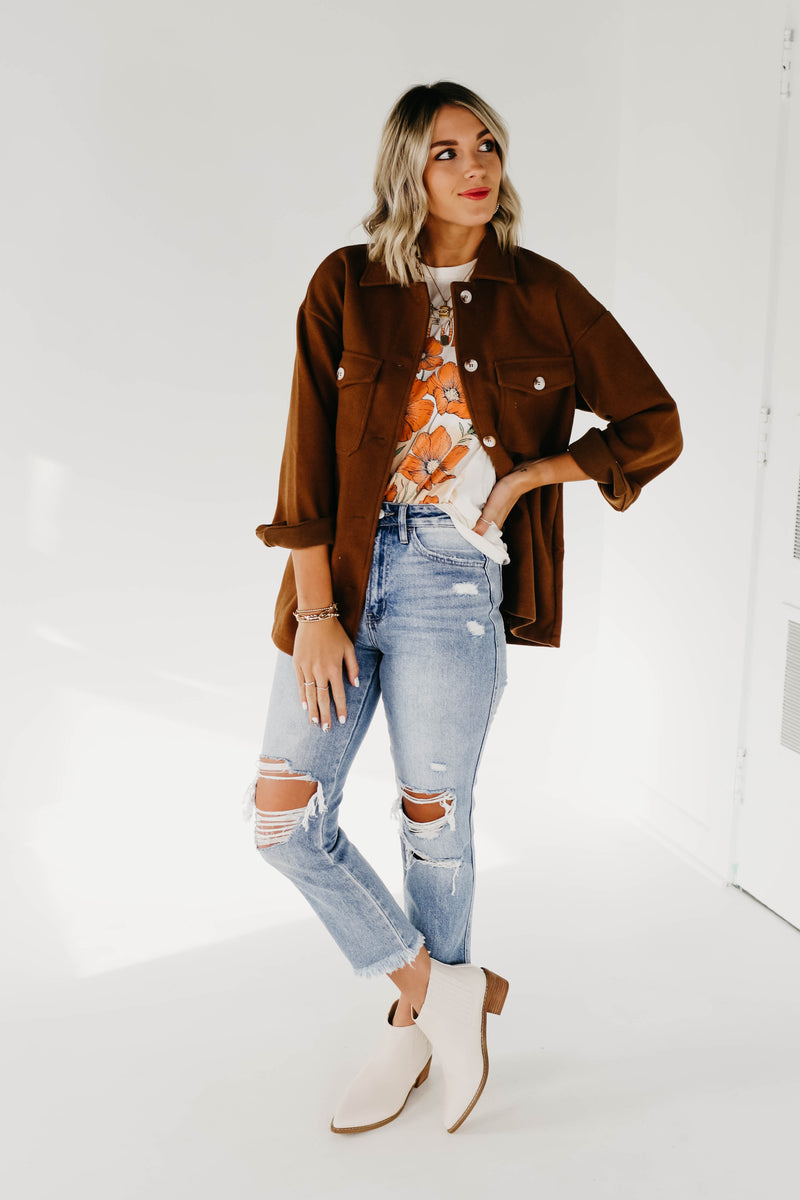 The Margaret Collared Shacket - Brown