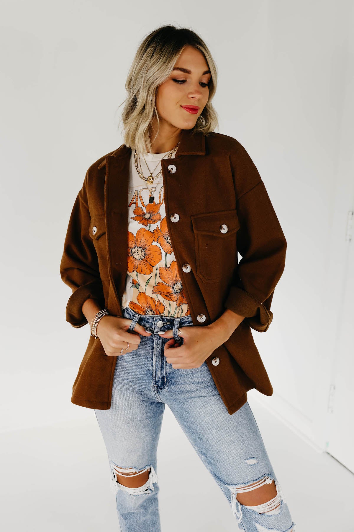 The Margaret Collared Shacket - Brown