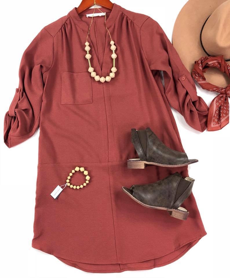 Lush Tab Slv Woven Seam Dress-Marsala -(Final Sale)