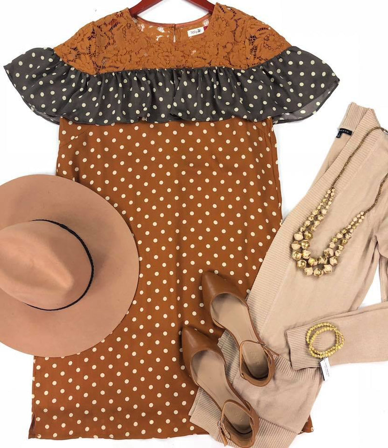 Polka Dot Woven Ruffle Dress-Rust -(Final Sale)