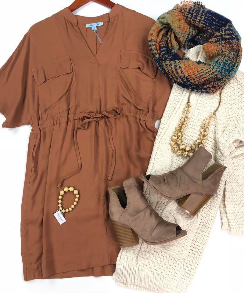 Half Sleeve Woven Tie Dress-Cinnamon -(Final Sale)