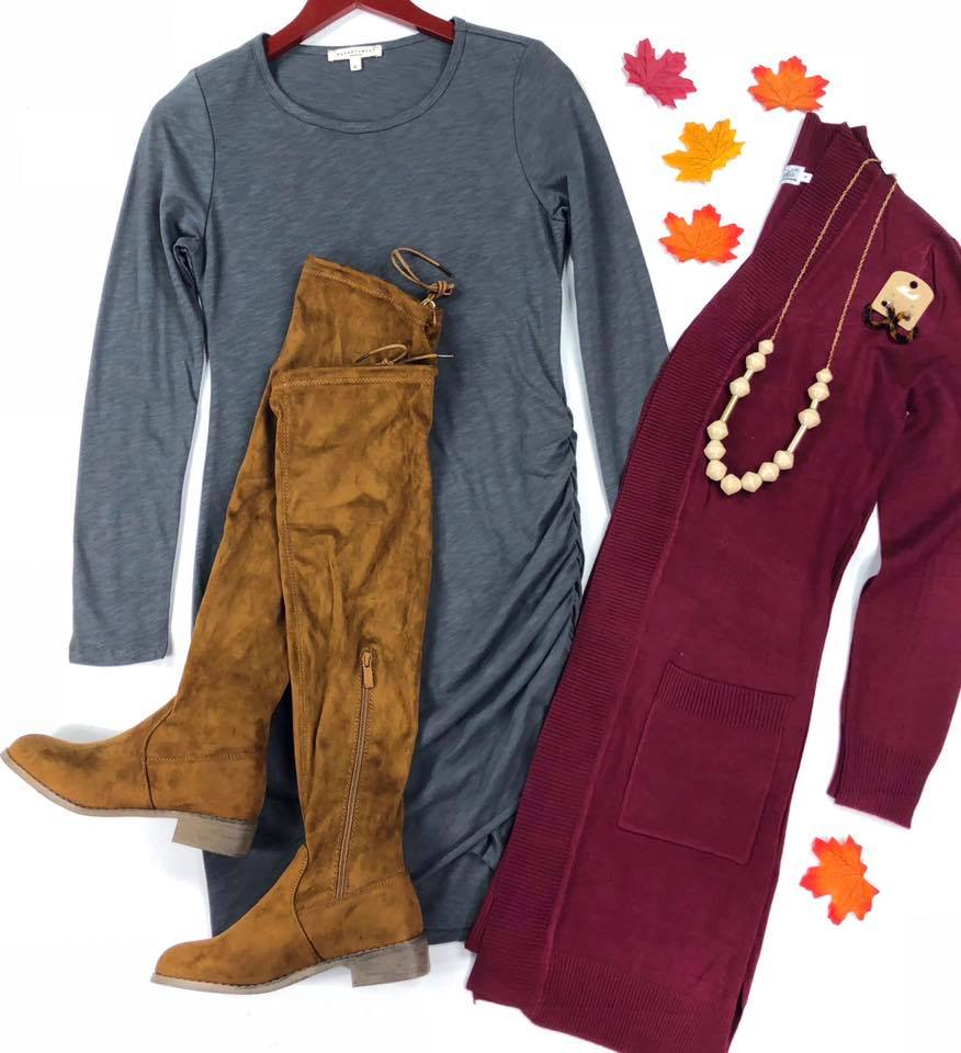 LeighAnn Rusched Tulip L/S Dress-Grey -(Final Sale)