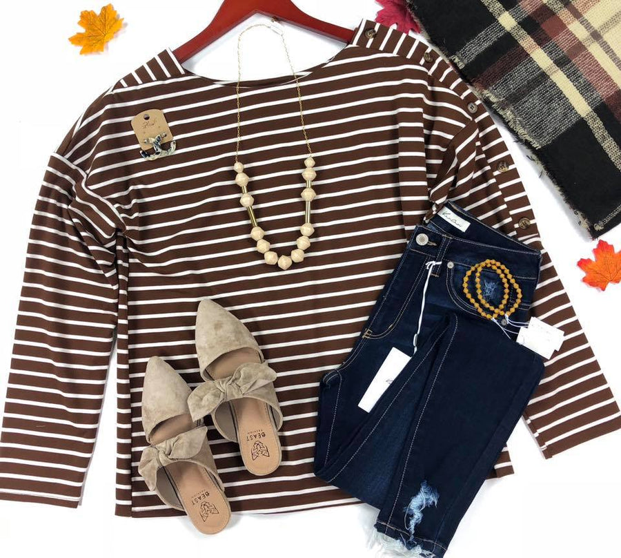 Drop Shoulder Button Stripe Knit-Camel -(Final Sale)