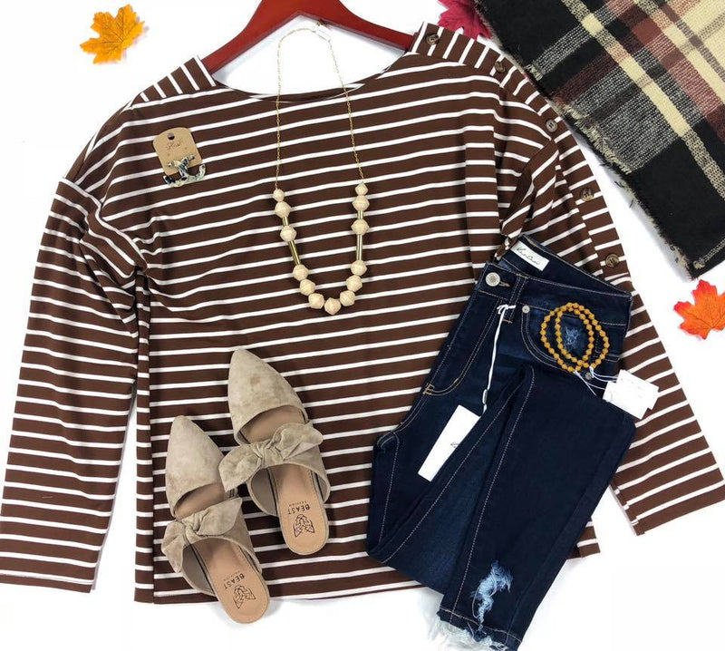 Drop Shoulder Button Stripe Knit-Camel -(Final Sale)