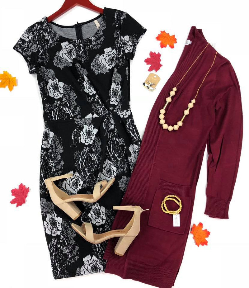 Floral Side Cinch Zipper Back Dress-Black -(Final Sale)