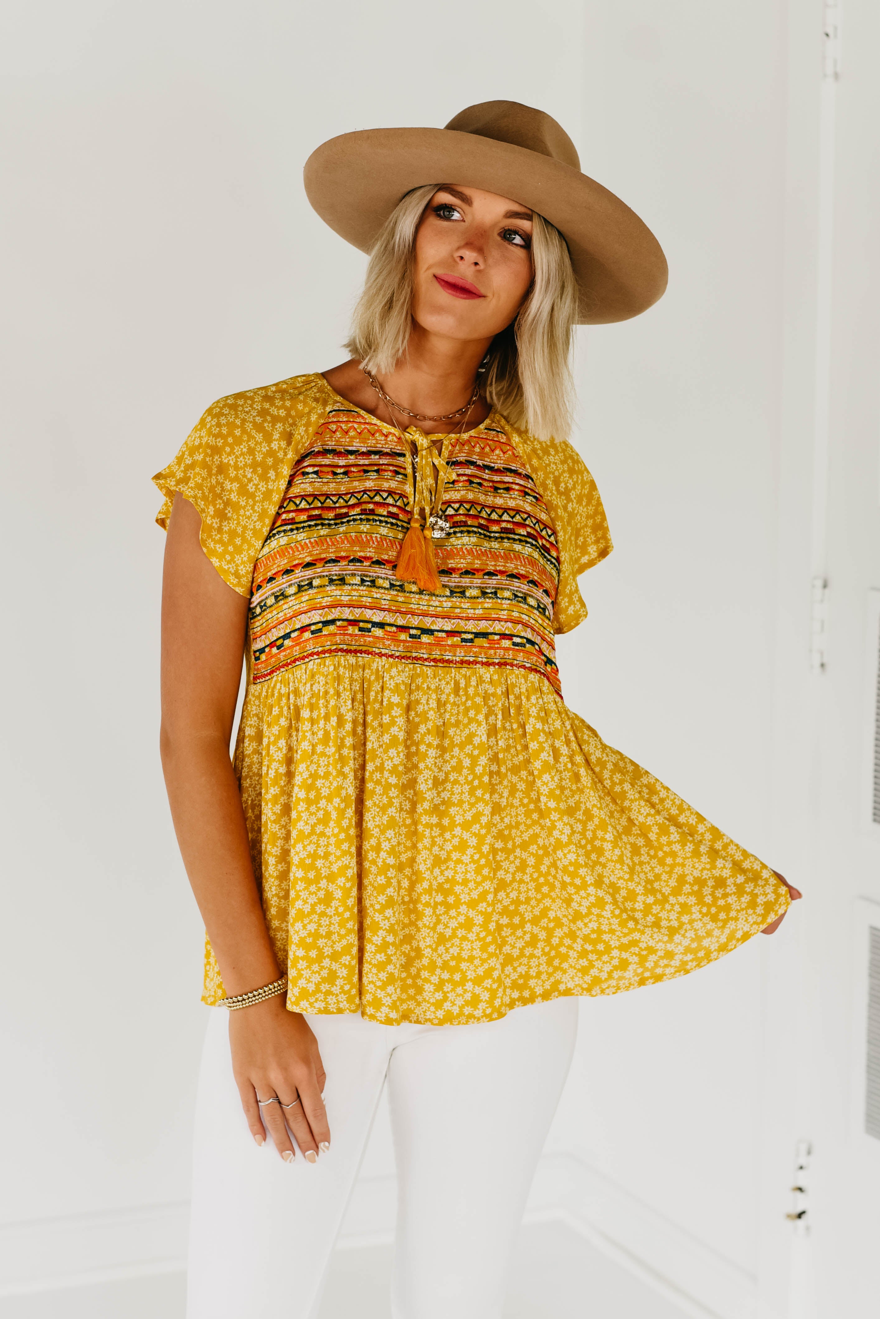 The Sydney Embroidered Woven Top Yellow FINAL SALE MOD Boutique
