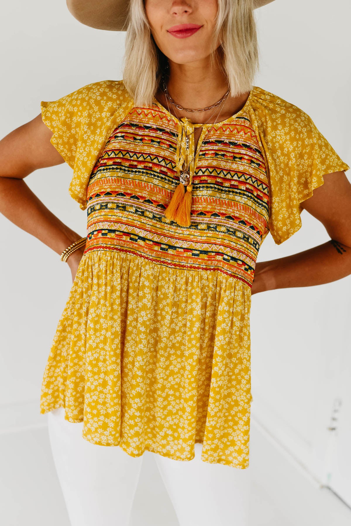 The Sydney Embroidered Woven Top Yellow FINAL SALE MOD Boutique