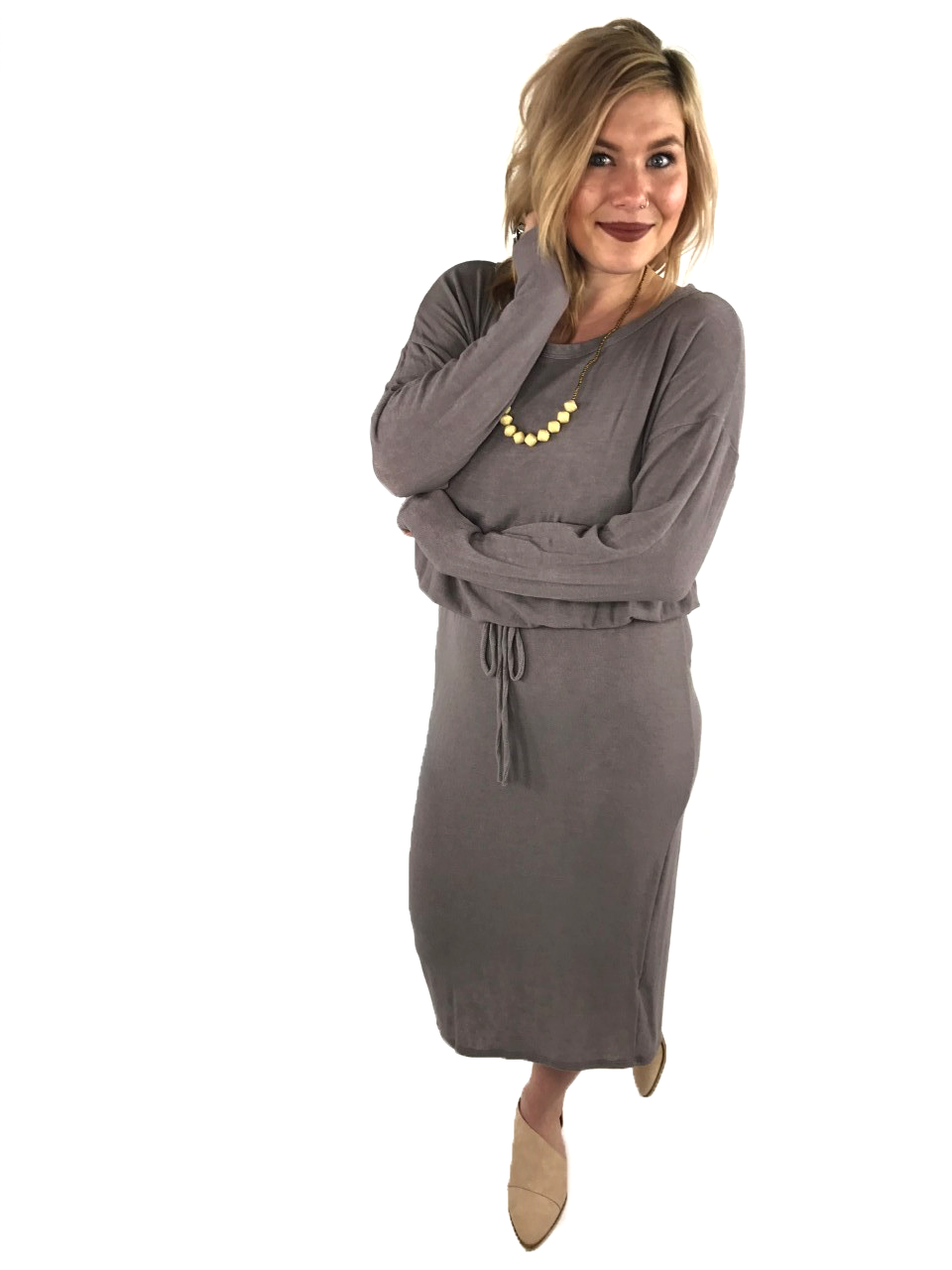 Tied/cinch waist long sleeve knit dress - MOD Boutique